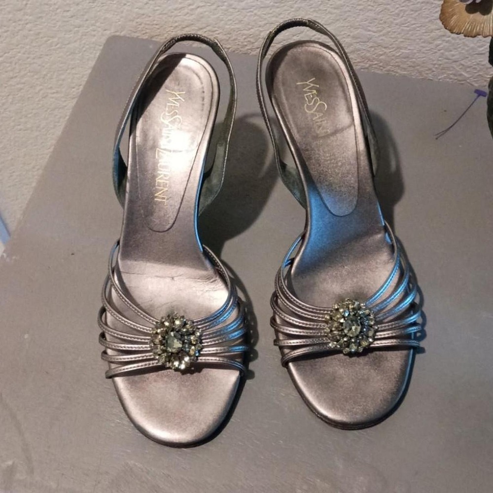 Vintage Yves Saint Laurent Metallic Strappy Crystal Slingback Heels 6.5M
